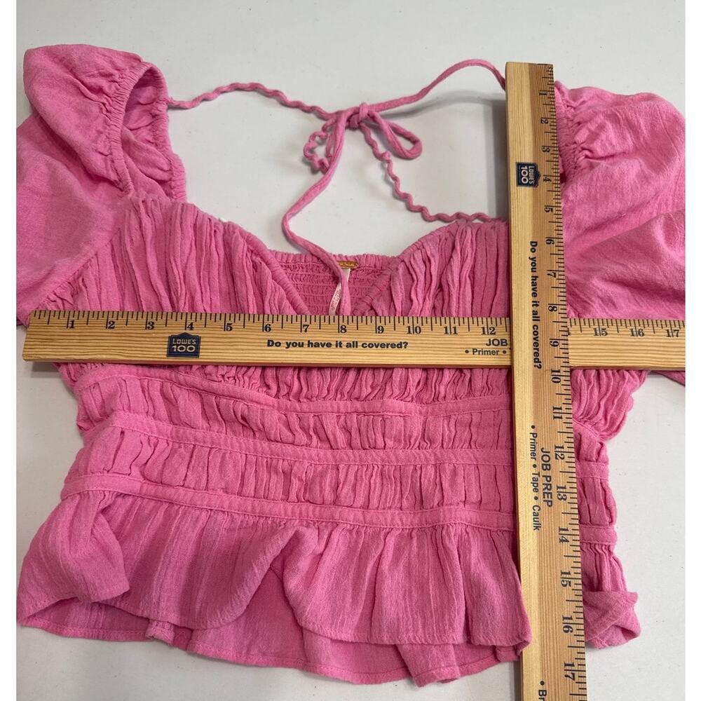 Free People Chole Cropped Top Blouse Ruffle Puffed Sleeves Smocked Pink Medium - Picture 9 of 10